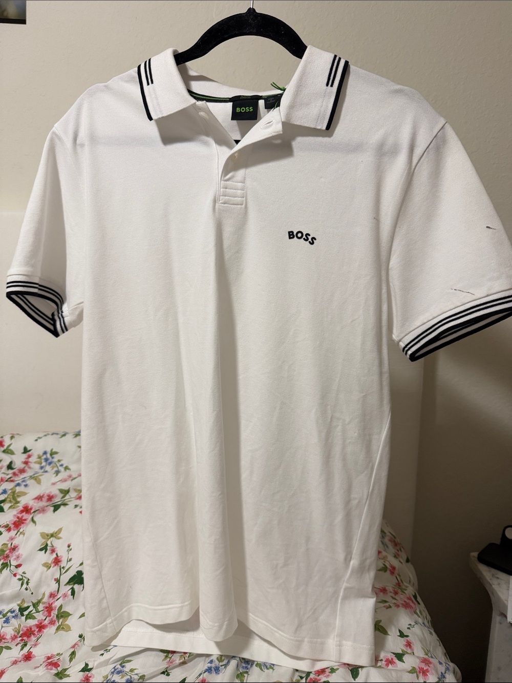 Boss White Polo with Black Contrast Stripes